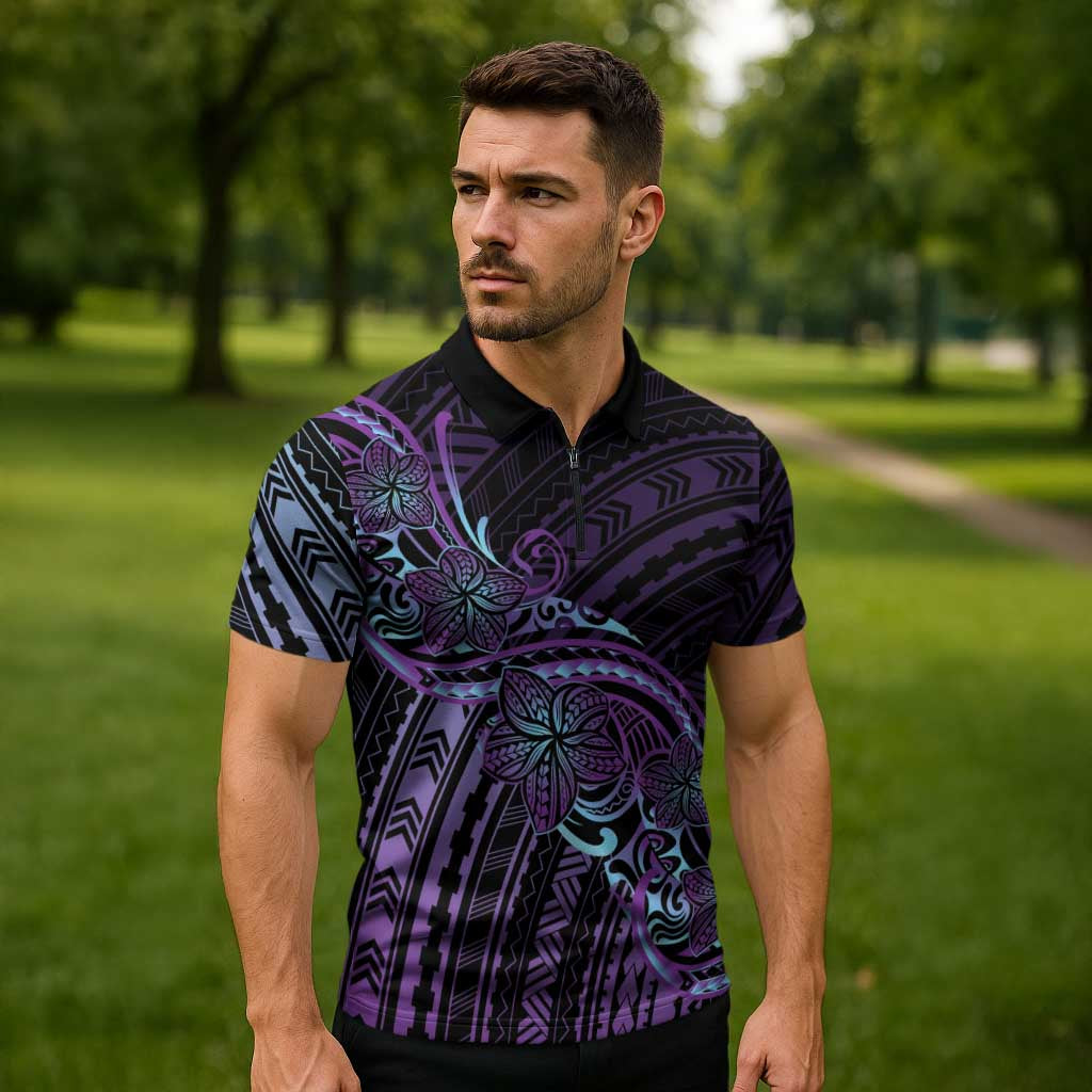 Teal Purple Polynesia Plumeria Tattoo Zipper Polo Shirt