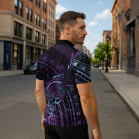 Teal Purple Polynesia Plumeria Tattoo Zipper Polo Shirt