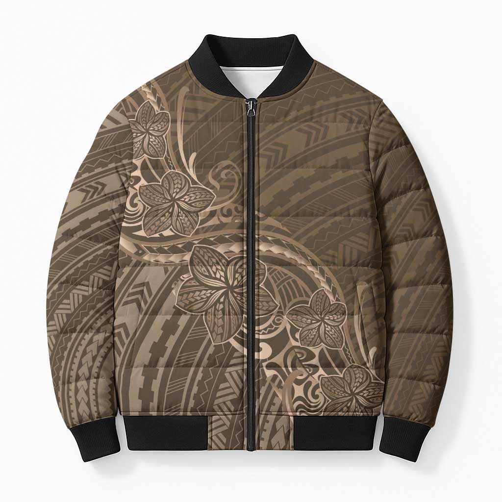 Brown Polynesia Plumeria Tattoo Bomber Puffer Jacket