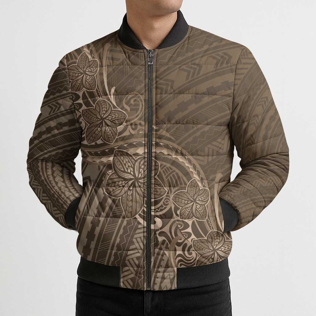Brown Polynesia Plumeria Tattoo Bomber Puffer Jacket