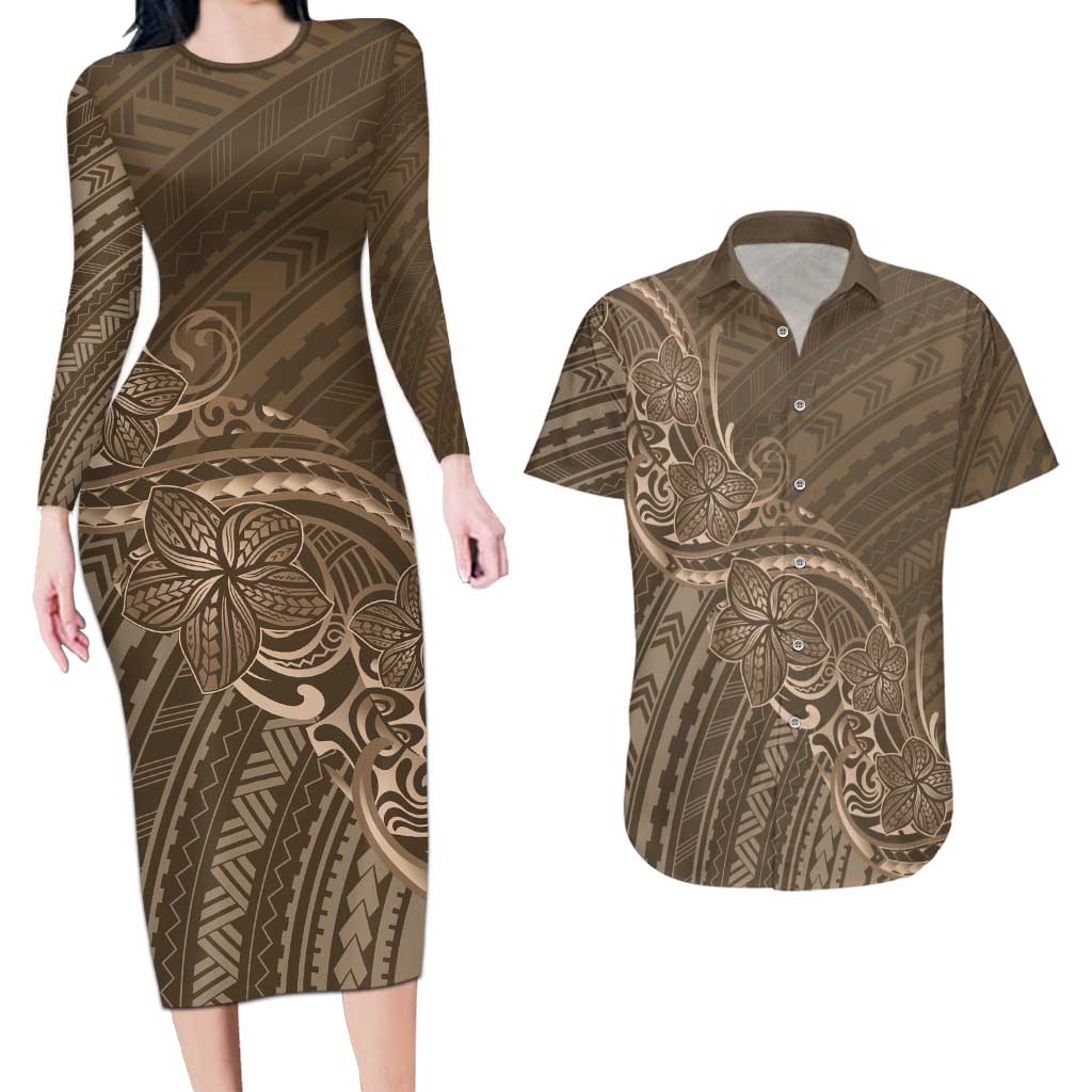 Brown Polynesia Plumeria Tattoo Couples Matching Long Sleeve Bodycon Dress and Hawaiian Shirt LT14 Brown - Polynesian Pride