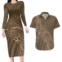 Brown Polynesia Plumeria Tattoo Couples Matching Long Sleeve Bodycon Dress and Hawaiian Shirt LT14 Brown - Polynesian Pride