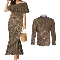 Brown Polynesia Plumeria Tattoo Couples Matching Mermaid Dress and Long Sleeve Button Shirt