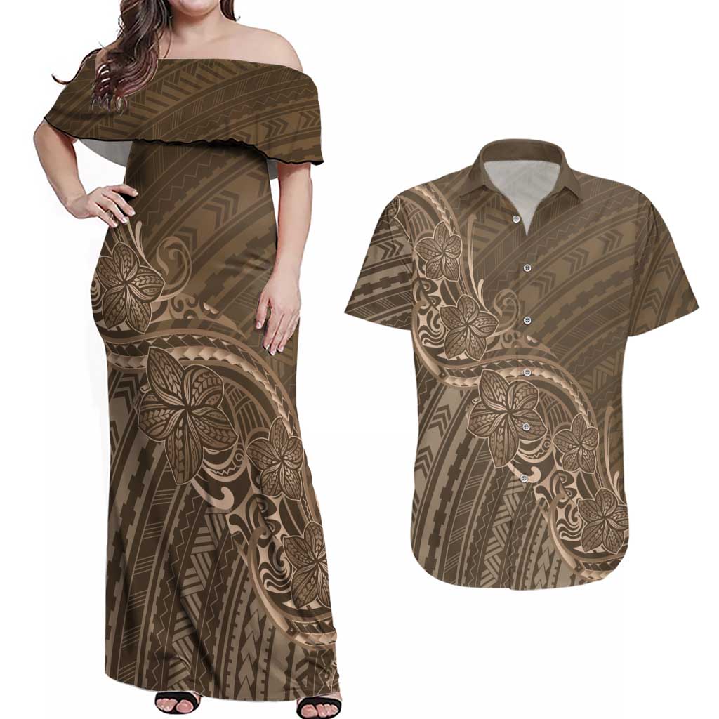 Brown Polynesia Plumeria Tattoo Couples Matching Off Shoulder Maxi Dress and Hawaiian Shirt
