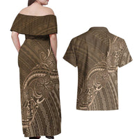 Brown Polynesia Plumeria Tattoo Couples Matching Off Shoulder Maxi Dress and Hawaiian Shirt