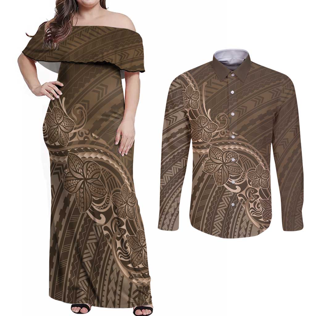 Brown Polynesia Plumeria Tattoo Couples Matching Off Shoulder Maxi Dress and Long Sleeve Button Shirt