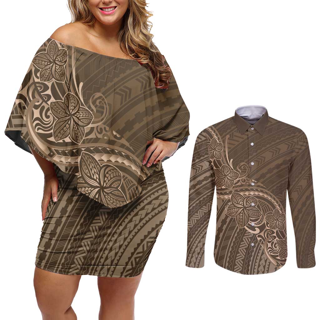 Brown Polynesia Plumeria Tattoo Couples Matching Off Shoulder Short Dress and Long Sleeve Button Shirt