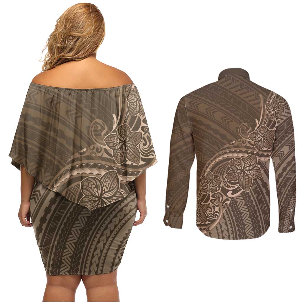 Brown Polynesia Plumeria Tattoo Couples Matching Off Shoulder Short Dress and Long Sleeve Button Shirt