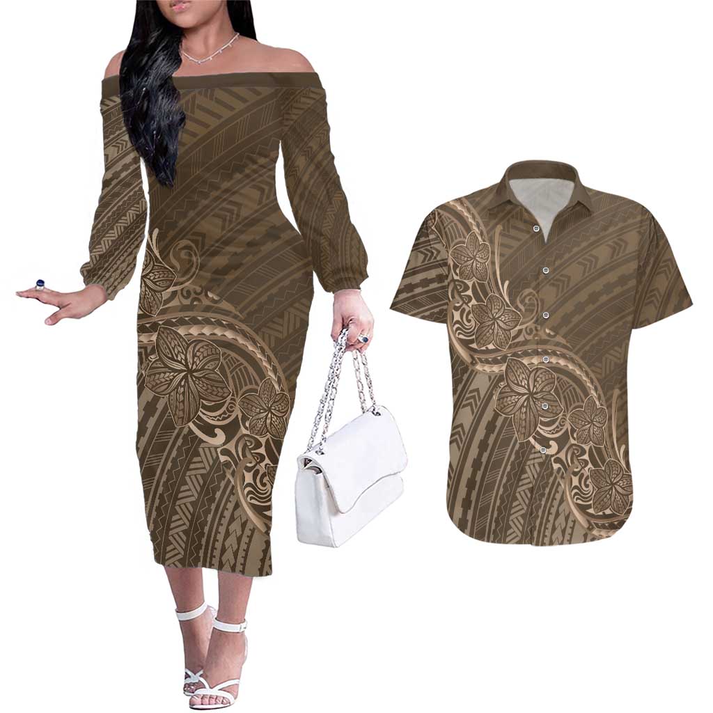 Brown Polynesia Plumeria Tattoo Couples Matching Off The Shoulder Long Sleeve Dress and Hawaiian Shirt