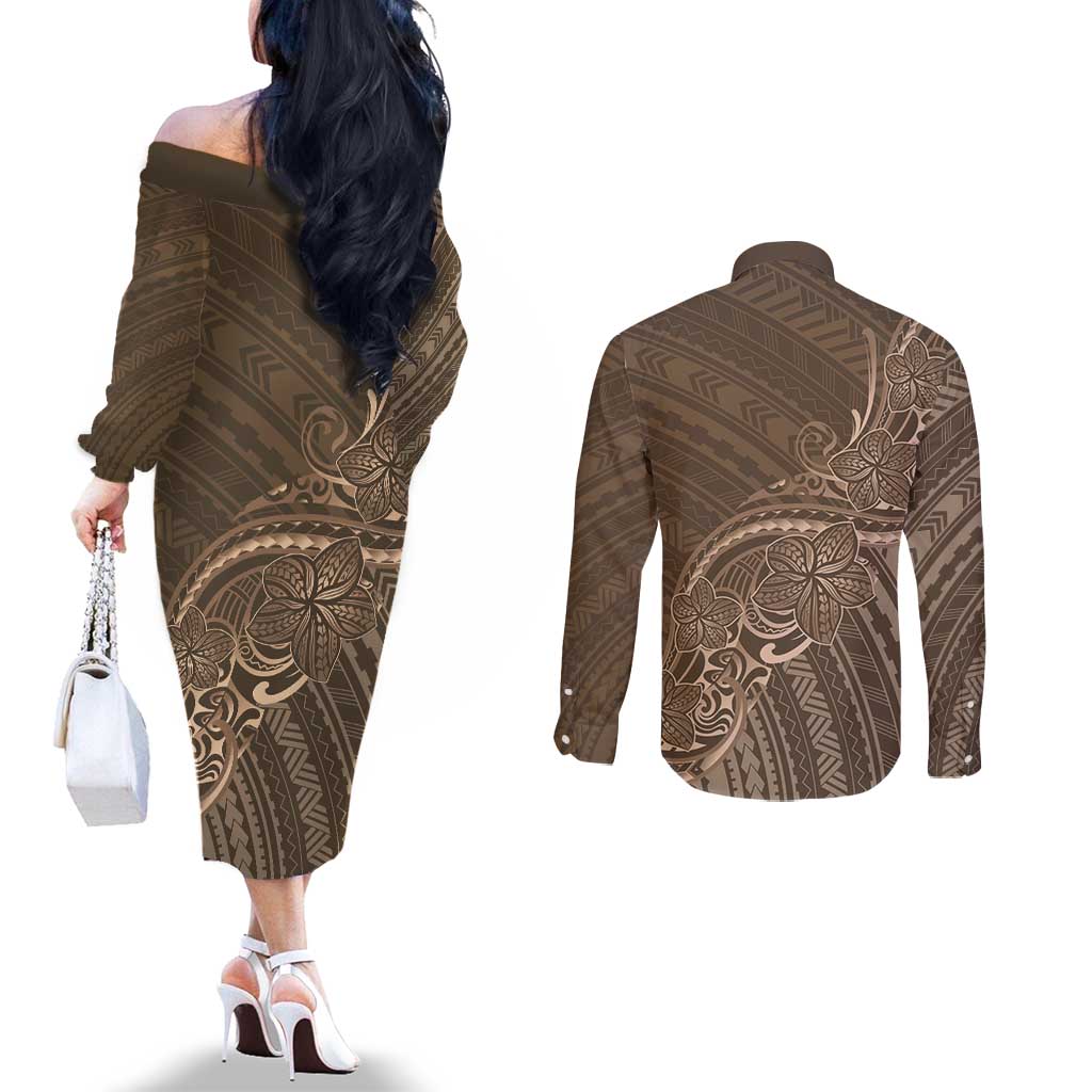 Brown Polynesia Plumeria Tattoo Couples Matching Off The Shoulder Long Sleeve Dress and Long Sleeve Button Shirt