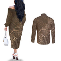Brown Polynesia Plumeria Tattoo Couples Matching Off The Shoulder Long Sleeve Dress and Long Sleeve Button Shirt
