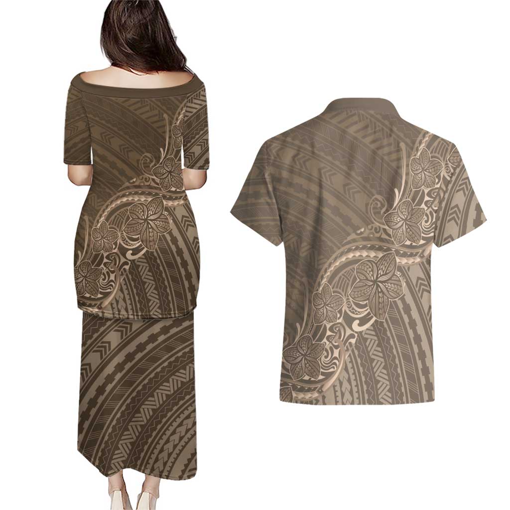 Brown Polynesia Plumeria Tattoo Couples Matching Puletasi and Hawaiian Shirt LT14 - Polynesian Pride