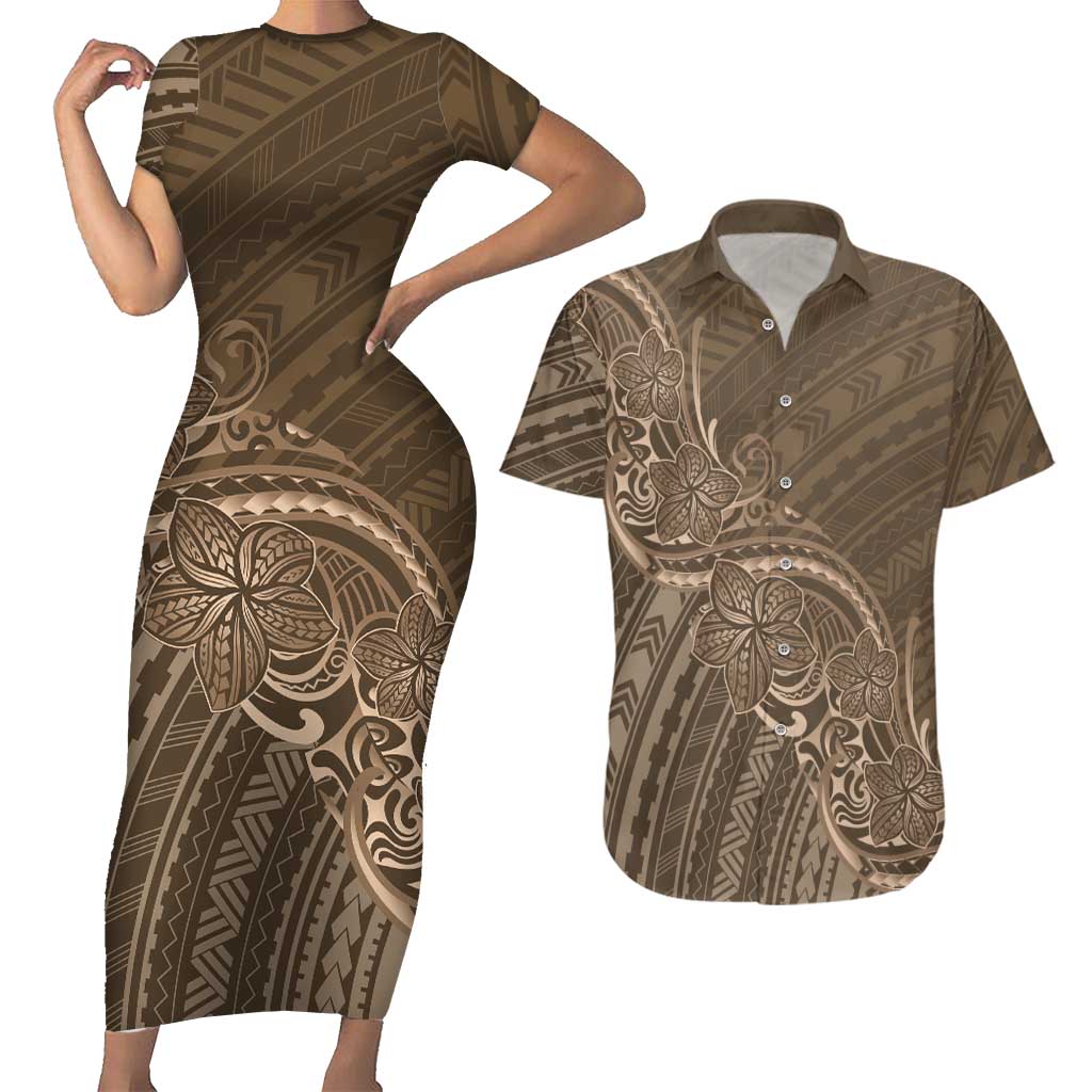 Brown Polynesia Plumeria Tattoo Couples Matching Short Sleeve Bodycon Dress and Hawaiian Shirt LT14 Brown - Polynesian Pride