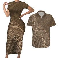 Brown Polynesia Plumeria Tattoo Couples Matching Short Sleeve Bodycon Dress and Hawaiian Shirt LT14 Brown - Polynesian Pride