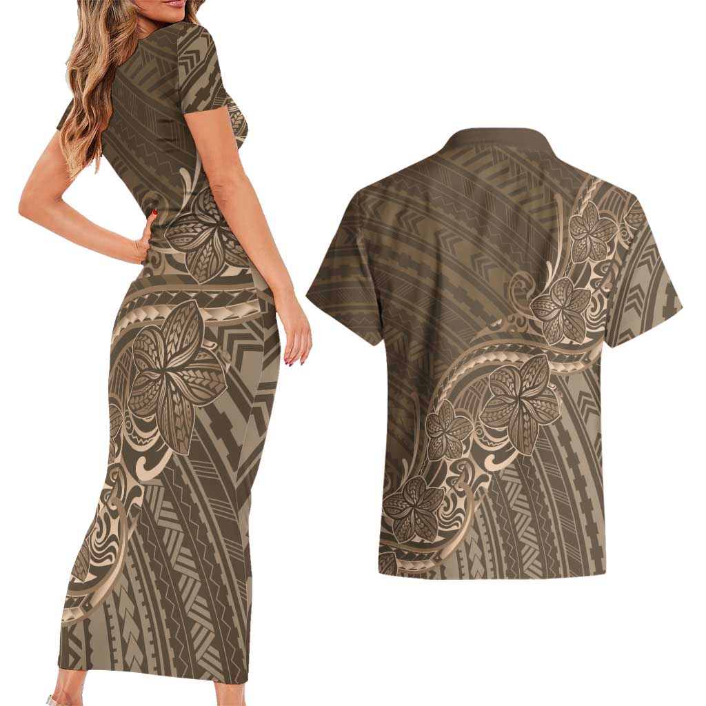 Brown Polynesia Plumeria Tattoo Couples Matching Short Sleeve Bodycon Dress and Hawaiian Shirt LT14 - Polynesian Pride