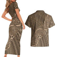 Brown Polynesia Plumeria Tattoo Couples Matching Short Sleeve Bodycon Dress and Hawaiian Shirt LT14 - Polynesian Pride