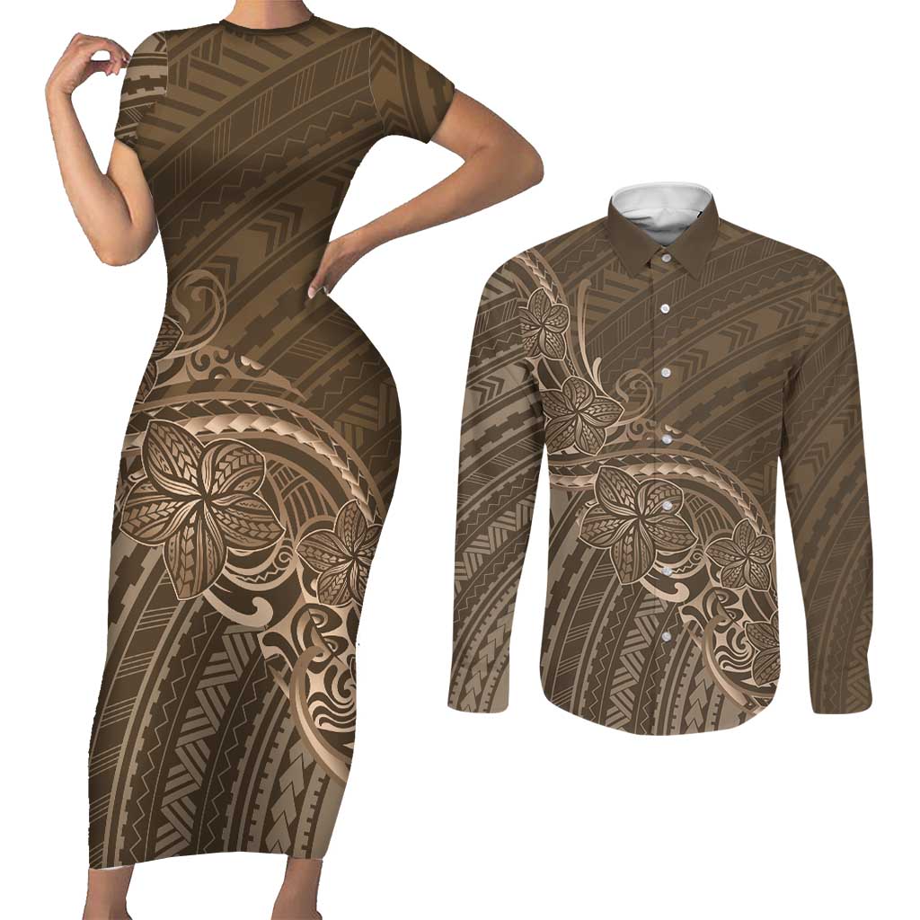 Brown Polynesia Plumeria Tattoo Couples Matching Short Sleeve Bodycon Dress and Long Sleeve Button Shirt