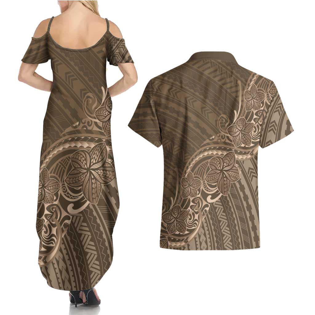 Brown Polynesia Plumeria Tattoo Couples Matching Summer Maxi Dress and Hawaiian Shirt