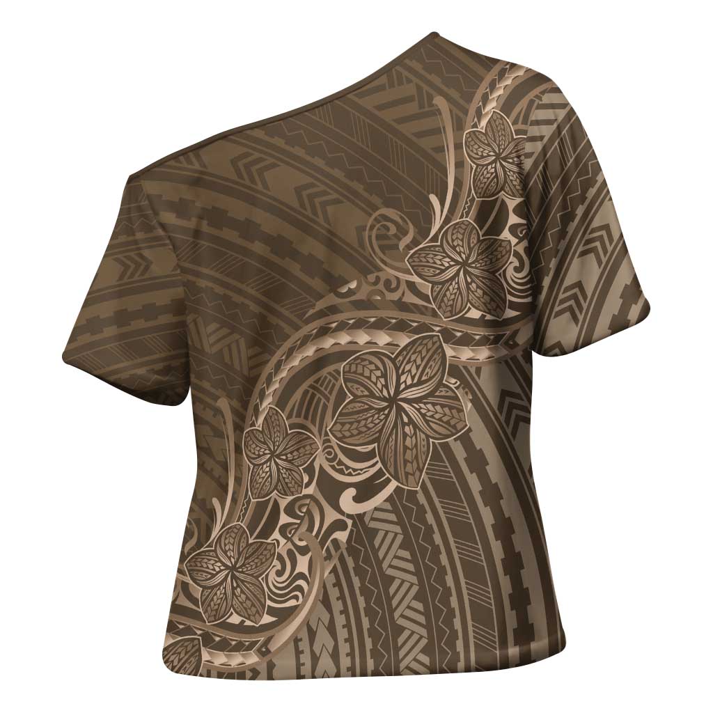 Brown Polynesia Plumeria Tattoo Cross Shoulder Shirt