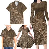 Brown Polynesia Plumeria Tattoo Family Matching Long Sleeve Bodycon Dress and Hawaiian Shirt