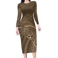 Brown Polynesia Plumeria Tattoo Family Matching Long Sleeve Bodycon Dress and Hawaiian Shirt