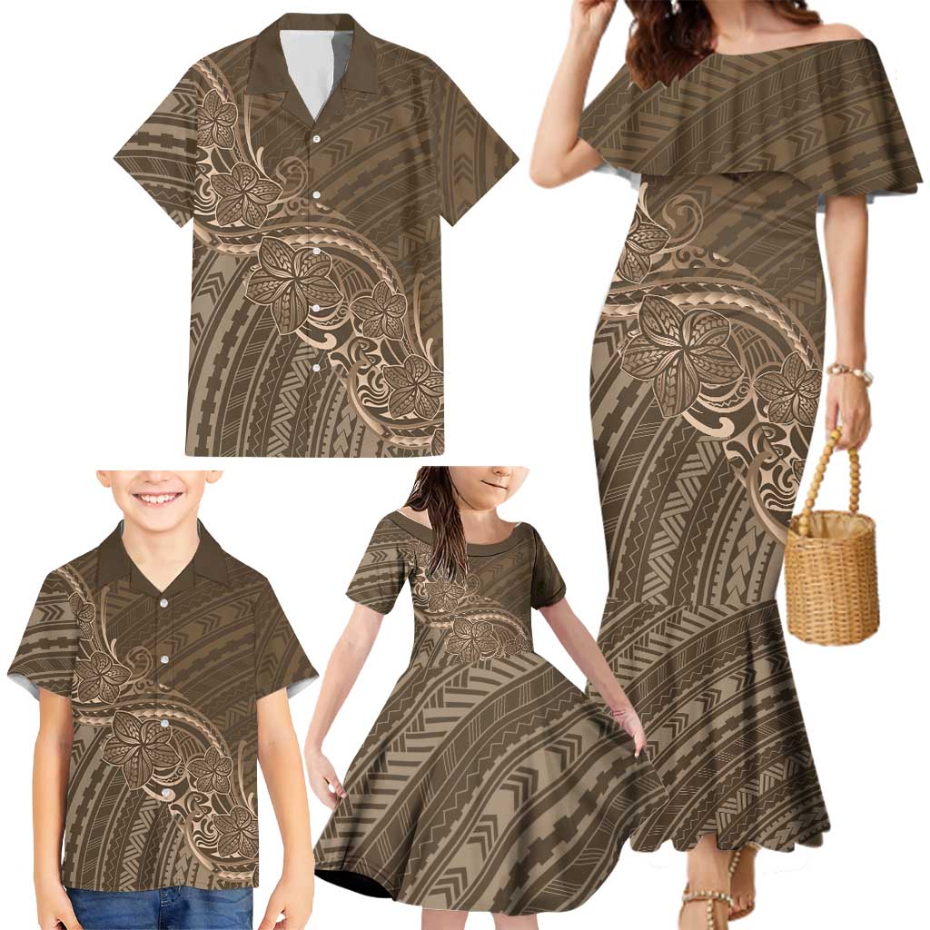 Brown Polynesia Plumeria Tattoo Family Matching Mermaid Dress and Hawaiian Shirt