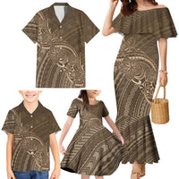 Brown Polynesia Plumeria Tattoo Family Matching Mermaid Dress and Hawaiian Shirt