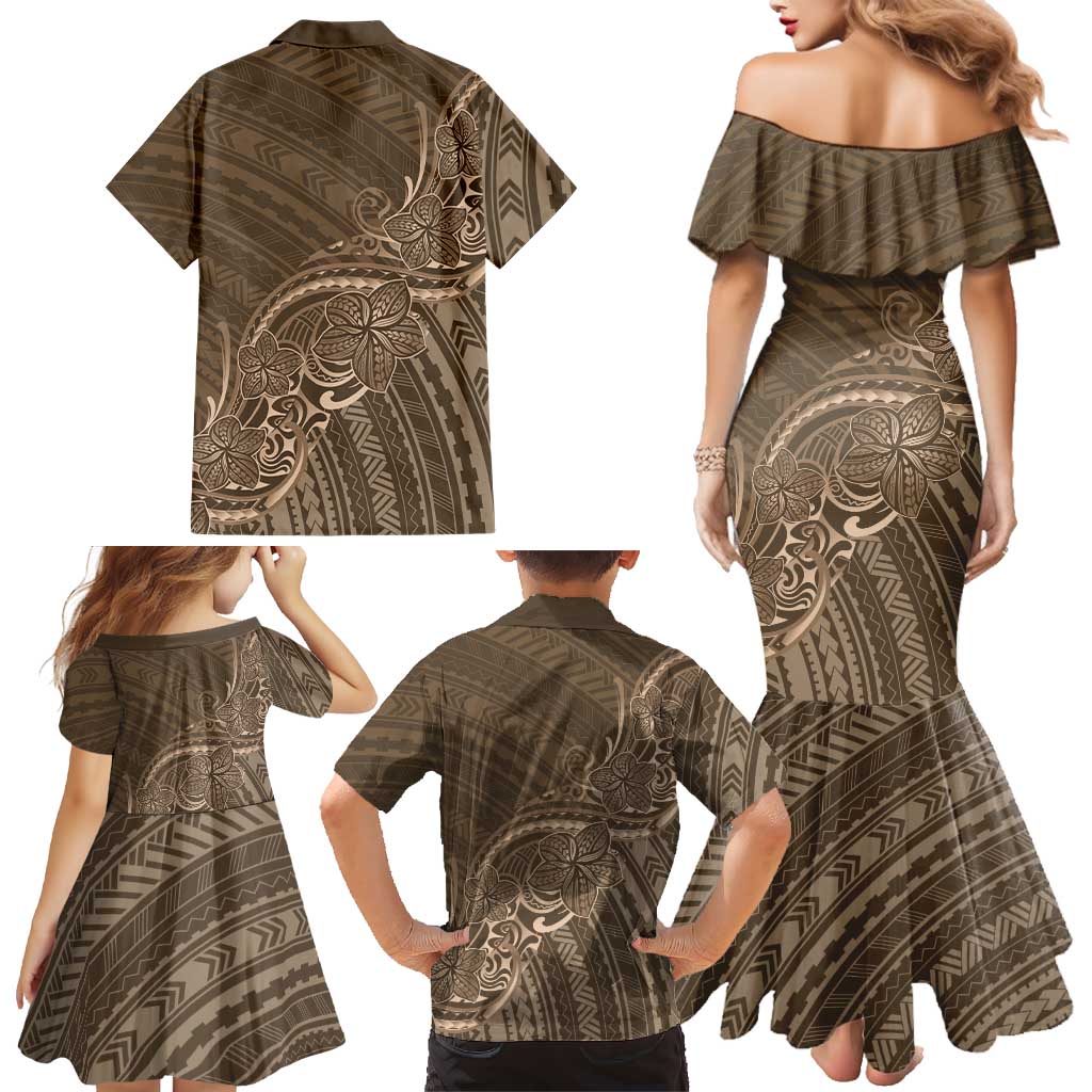 Brown Polynesia Plumeria Tattoo Family Matching Mermaid Dress and Hawaiian Shirt