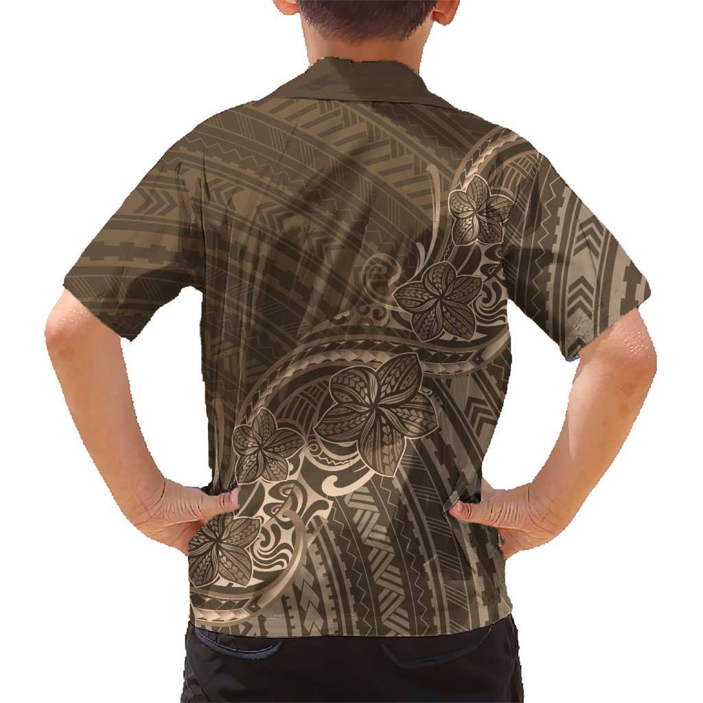 Brown Polynesia Plumeria Tattoo Family Matching Off Shoulder Maxi Dress and Hawaiian Shirt