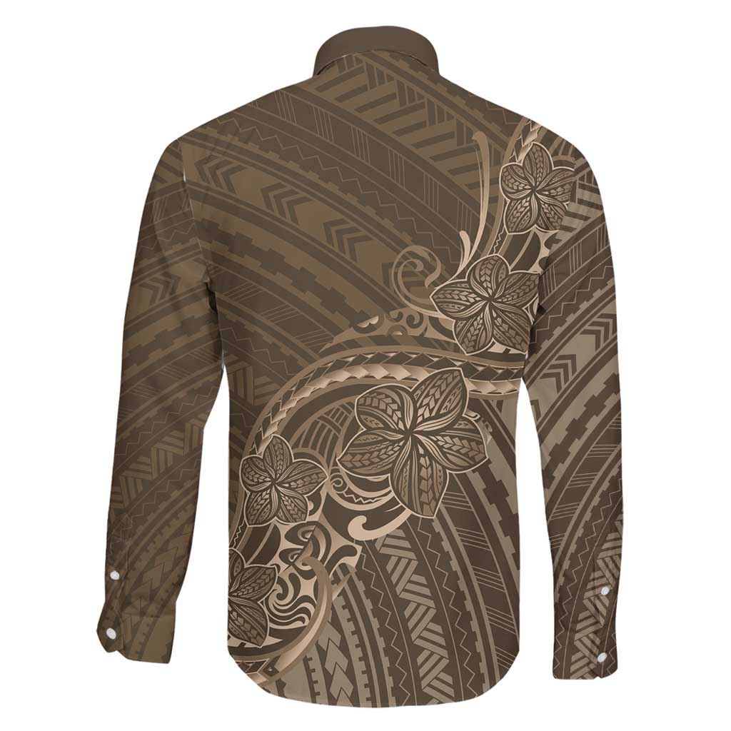 Brown Polynesia Plumeria Tattoo Family Matching Off Shoulder Maxi Dress and Hawaiian Shirt