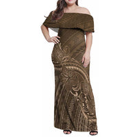 Brown Polynesia Plumeria Tattoo Family Matching Off Shoulder Maxi Dress and Hawaiian Shirt