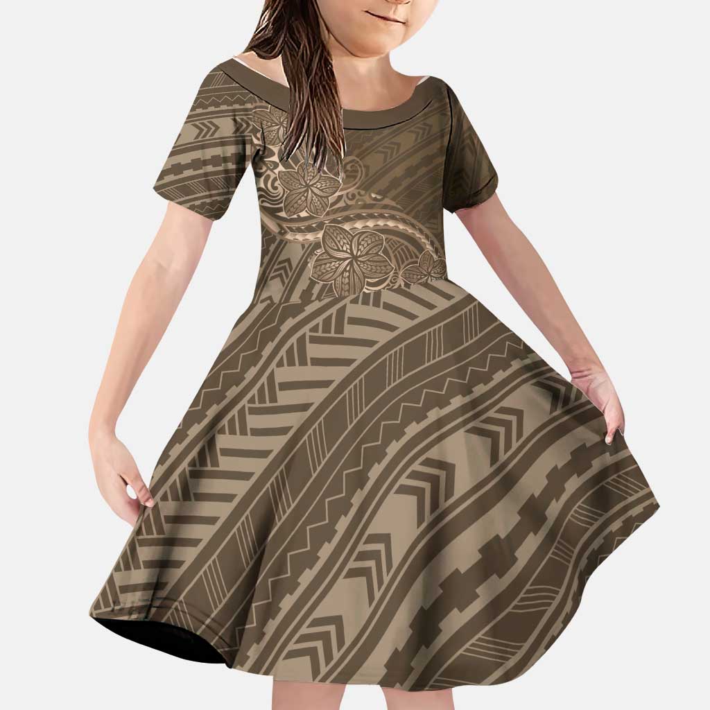 Brown Polynesia Plumeria Tattoo Family Matching Short Sleeve Bodycon Dress and Hawaiian Shirt