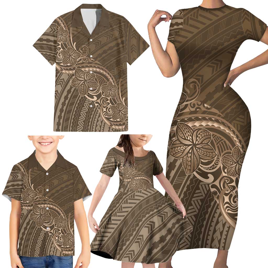 Brown Polynesia Plumeria Tattoo Family Matching Short Sleeve Bodycon Dress and Hawaiian Shirt