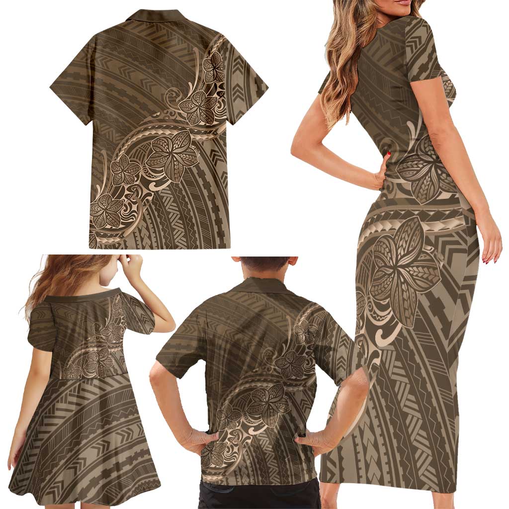 Brown Polynesia Plumeria Tattoo Family Matching Short Sleeve Bodycon Dress and Hawaiian Shirt