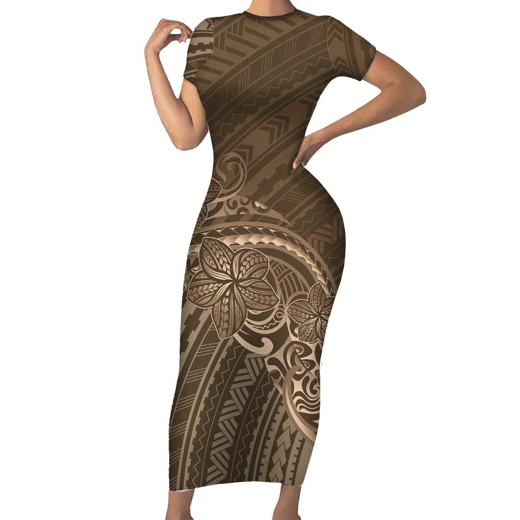 Brown Polynesia Plumeria Tattoo Family Matching Short Sleeve Bodycon Dress and Hawaiian Shirt