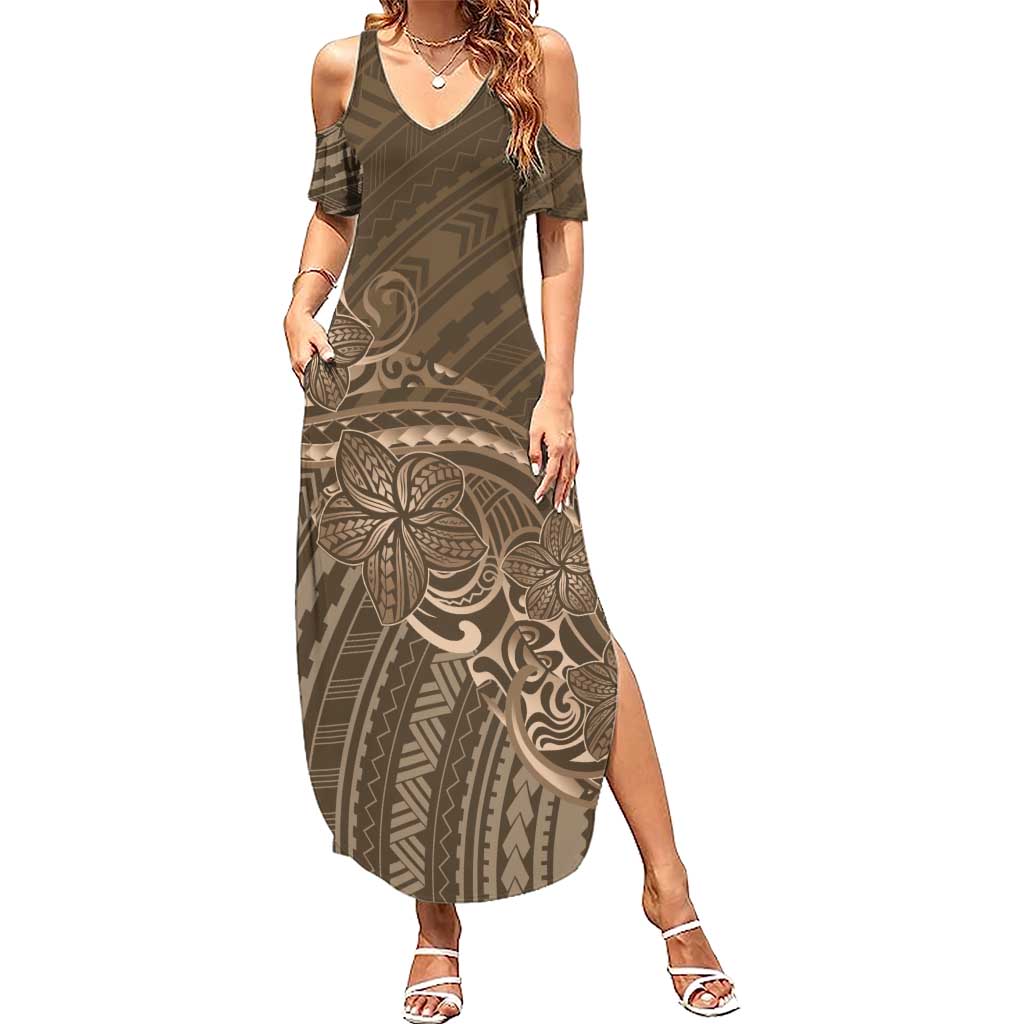Brown Polynesia Plumeria Tattoo Family Matching Summer Maxi Dress and Hawaiian Shirt