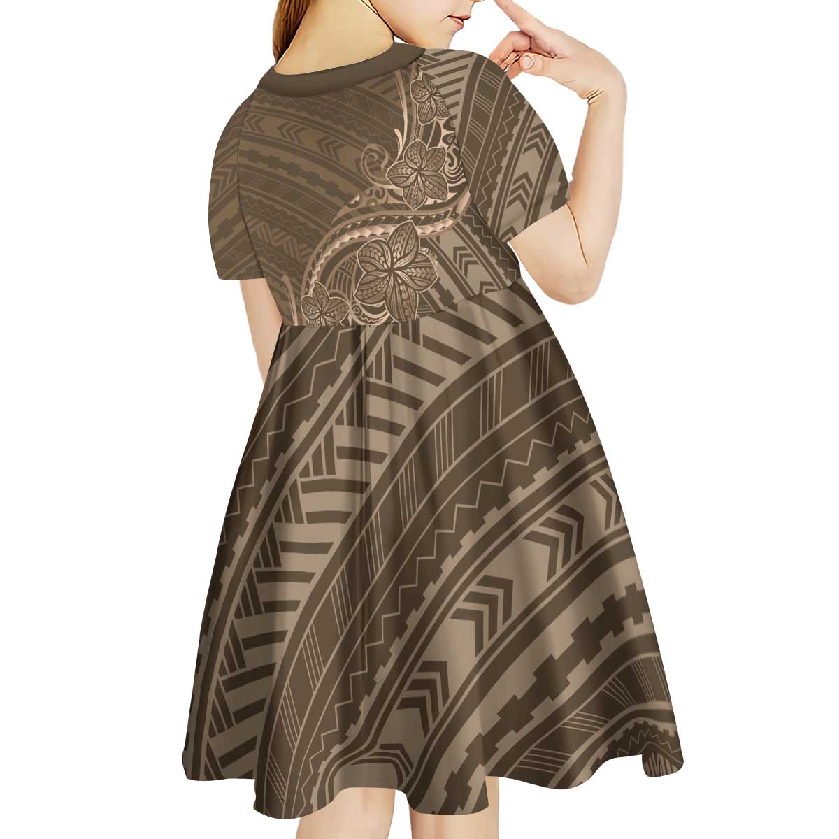 Brown Polynesia Plumeria Tattoo Kid Short Sleeve Dress