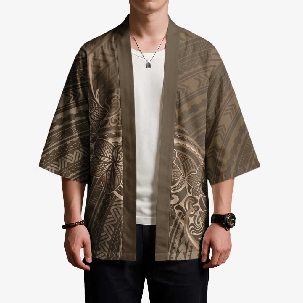 Brown Polynesia Plumeria Tattoo Kimono