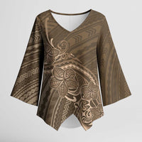 Brown Polynesia Plumeria Tattoo Kimono Sleeve Blouse
