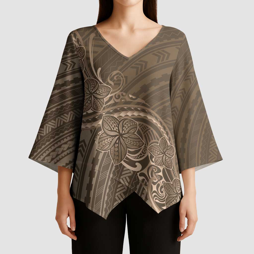 Brown Polynesia Plumeria Tattoo Kimono Sleeve Blouse