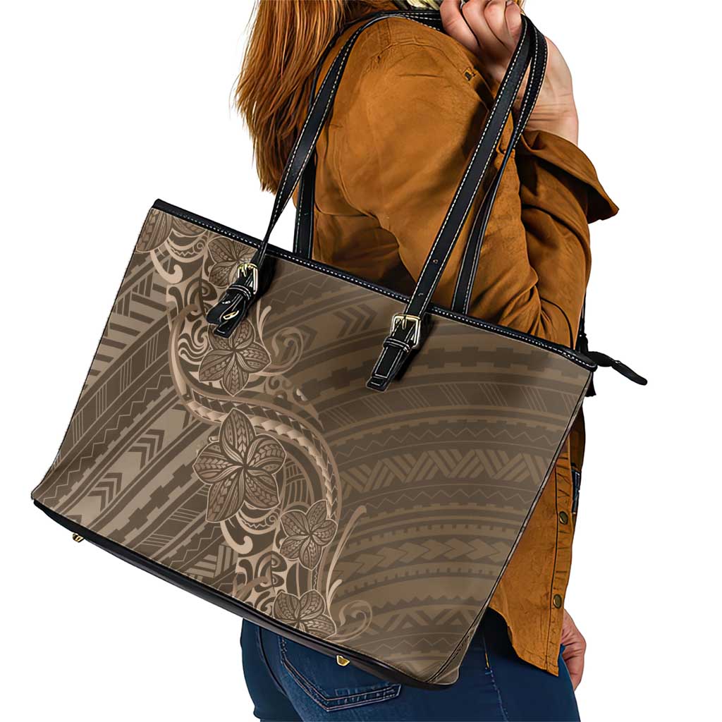 Brown Polynesia Plumeria Tattoo Leather Tote Bag