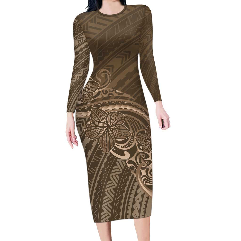 Brown Polynesia Plumeria Tattoo Long Sleeve Bodycon Dress