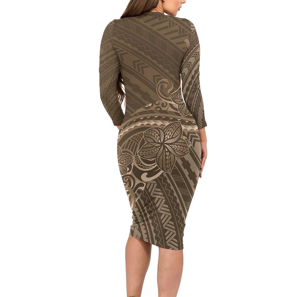 Brown Polynesia Plumeria Tattoo Long Sleeve Bodycon Dress