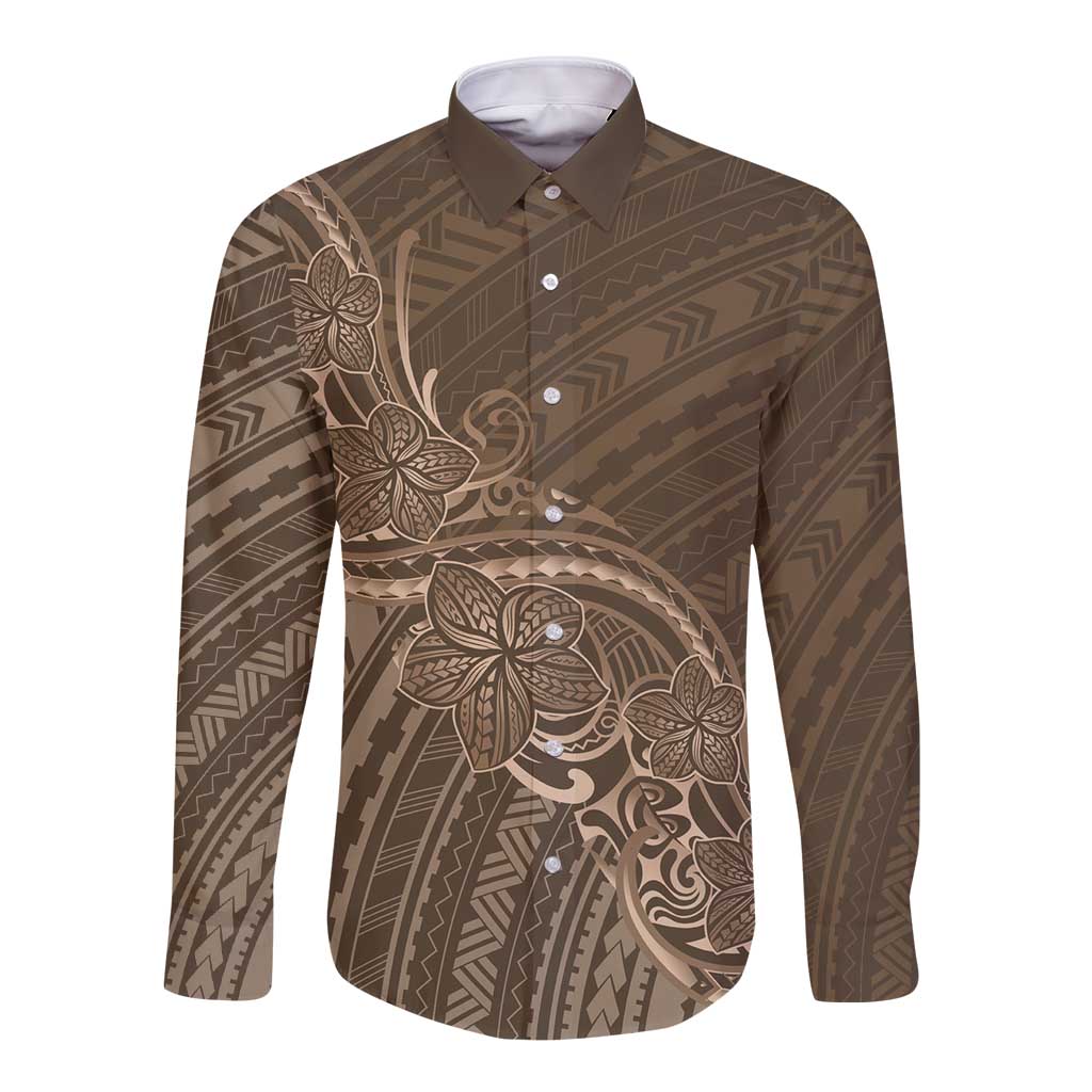Brown Polynesia Plumeria Tattoo Long Sleeve Button Shirt
