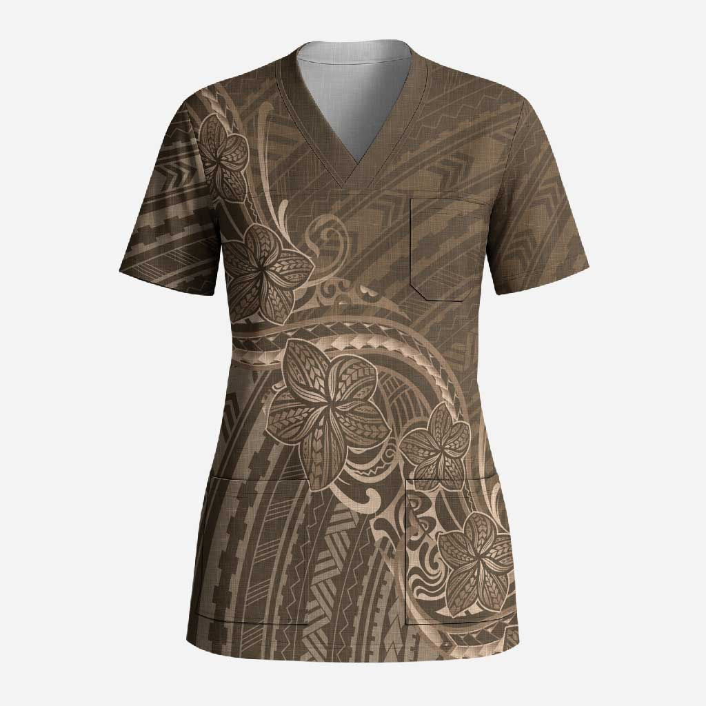 Brown Polynesia Plumeria Tattoo Scrub Top