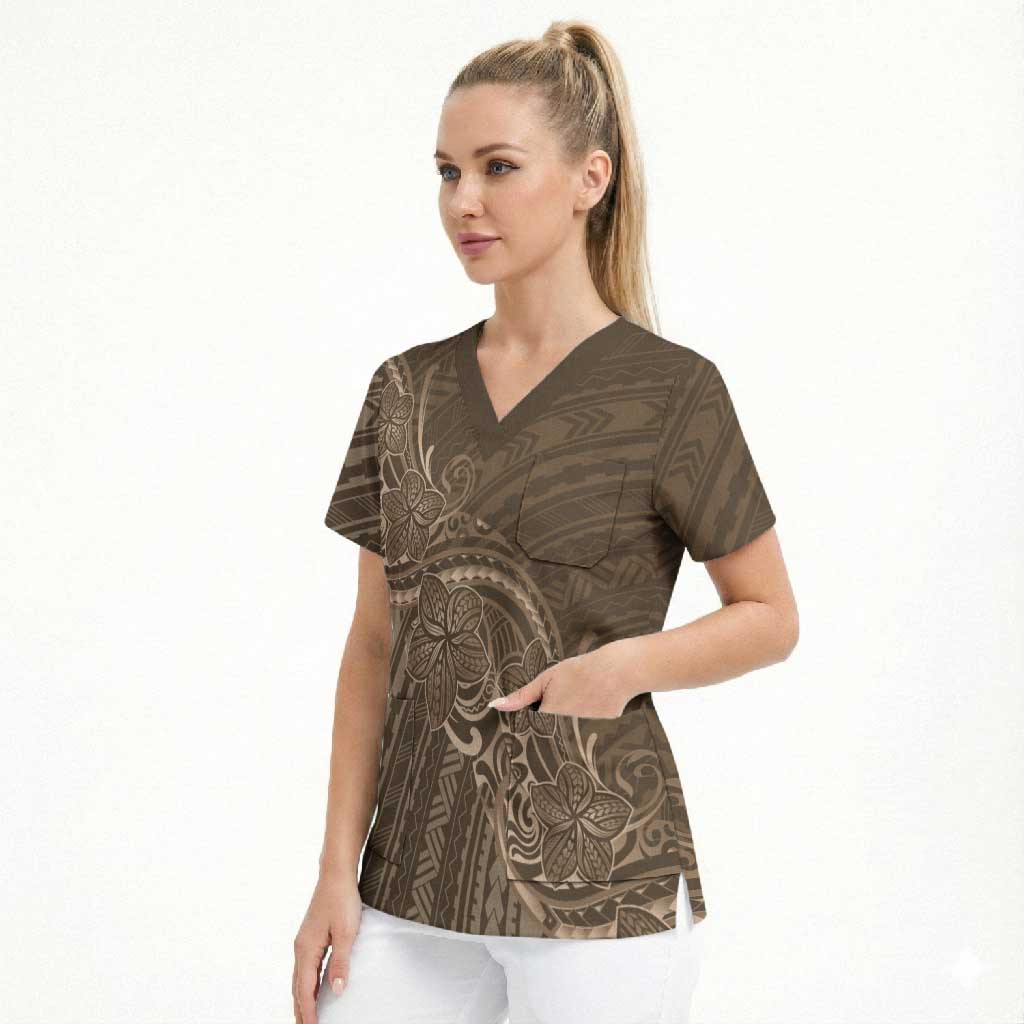 Brown Polynesia Plumeria Tattoo Scrub Top