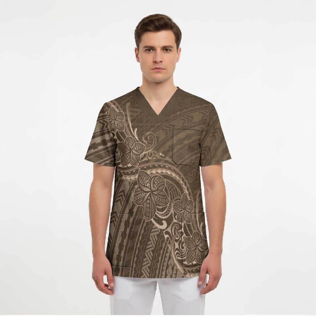 Brown Polynesia Plumeria Tattoo Scrub Top