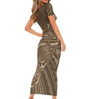 Brown Polynesia Plumeria Tattoo Short Sleeve Bodycon Dress