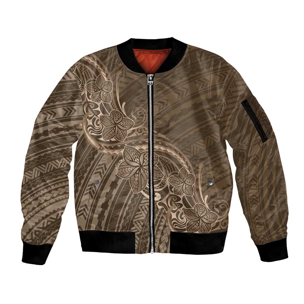 Brown Polynesia Plumeria Tattoo Sleeve Zip Bomber Jacket