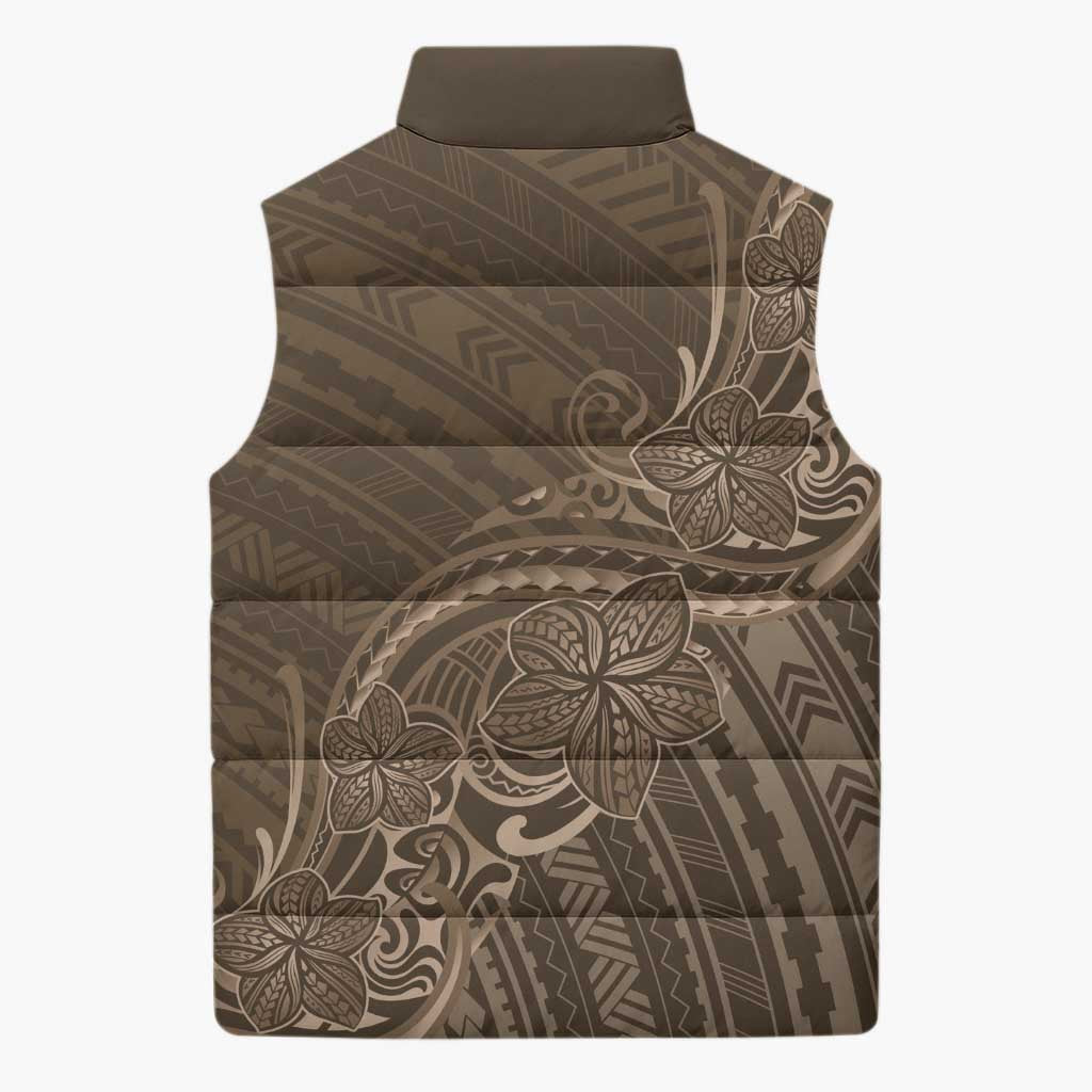 Brown Polynesia Plumeria Tattoo Sleeveless Puffer Jacket